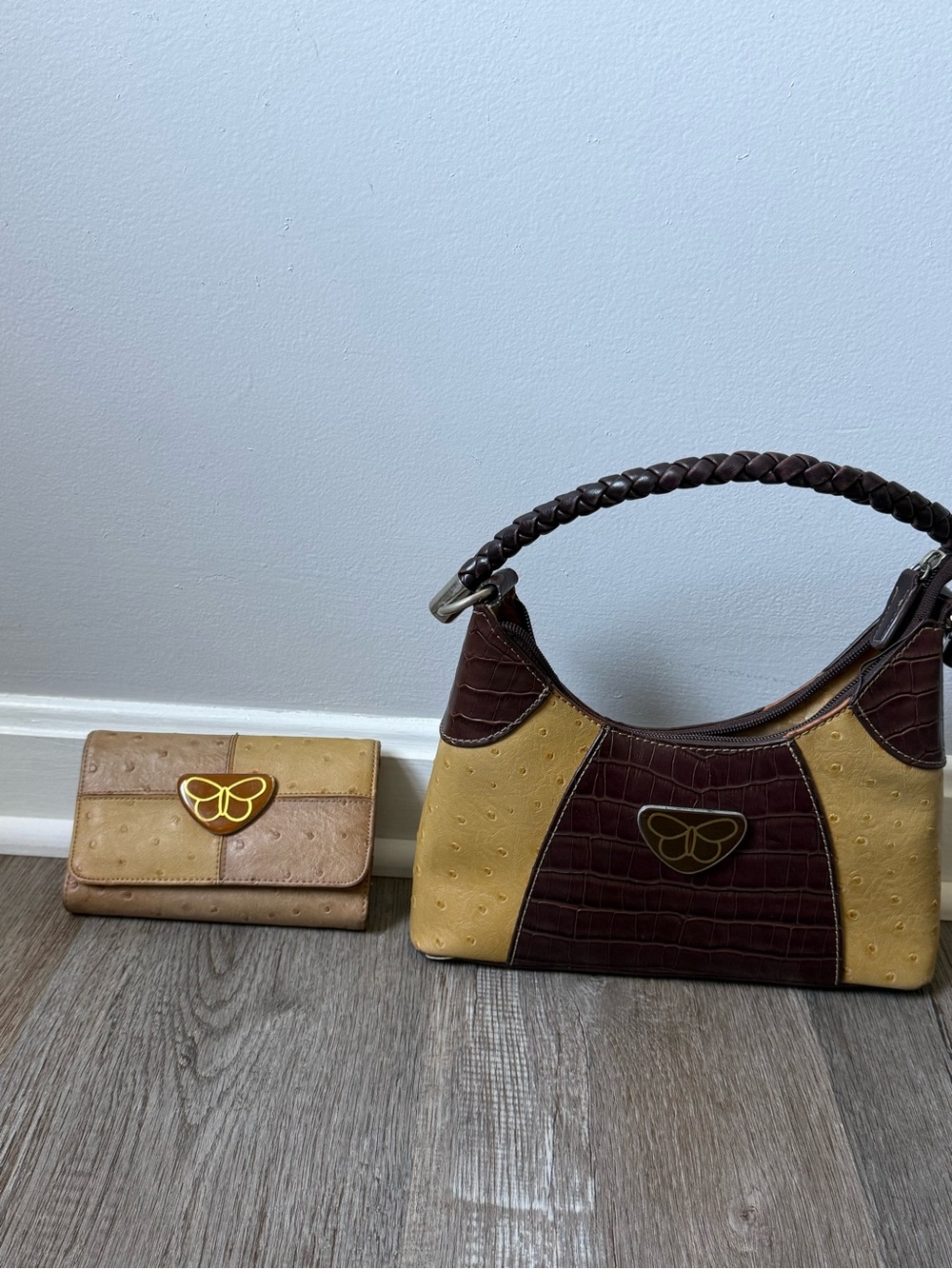 VTG CROC Faux Leather Shoulder Bag Butterfly Purse Wallet Pattern Hippie Boho